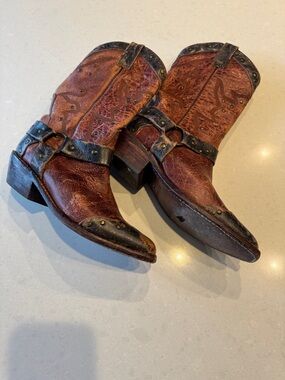 Bed Stu Brown Leather Western Harness cowboy Heeled Boots with Black Accents
